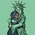 Lady Liberty embraces and comforts headscarf girl.png