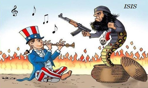 File:USA terror - Uncle Sam is the flute player - ISIS comes out of the basket as a snake.webp